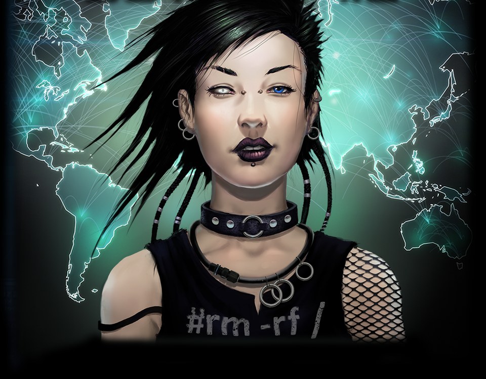 botNET character art — Prodigy, a hacker with a world map of network traffic behind her